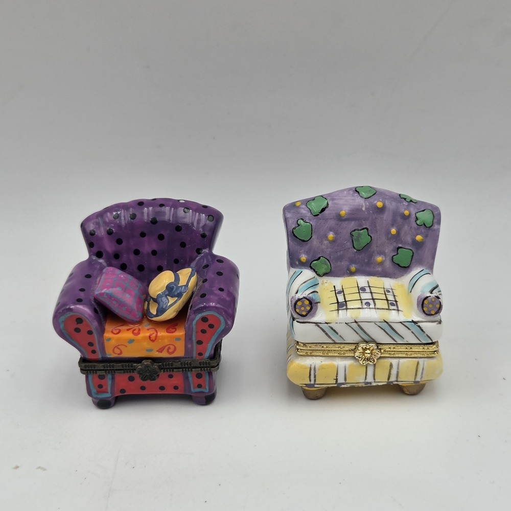 Vintage Lots of 2 Collectable porcelain Yellow Purple Armchair trinket box